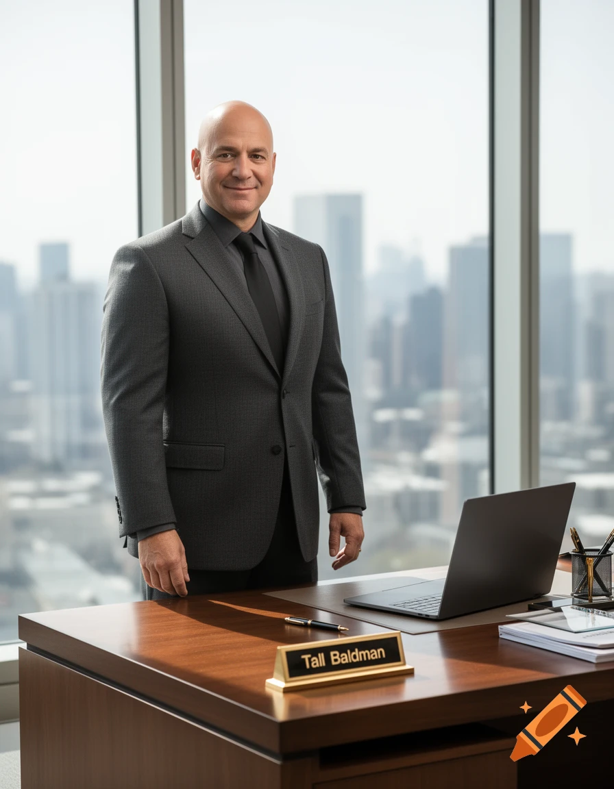 A smiling bald man in a gray suit stands beside a wooden desk with a laptop and a nameplate, overlooking a city skyline from an office.