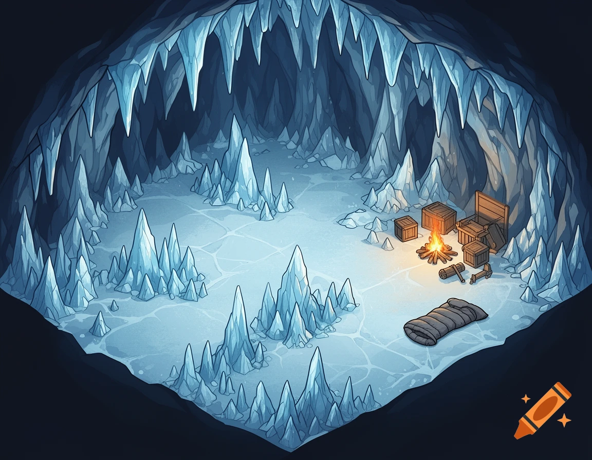 Isometric cartoon illustration of a camp with a glowing campfire and sleeping bag inside an ice cave with sharp ice formations.