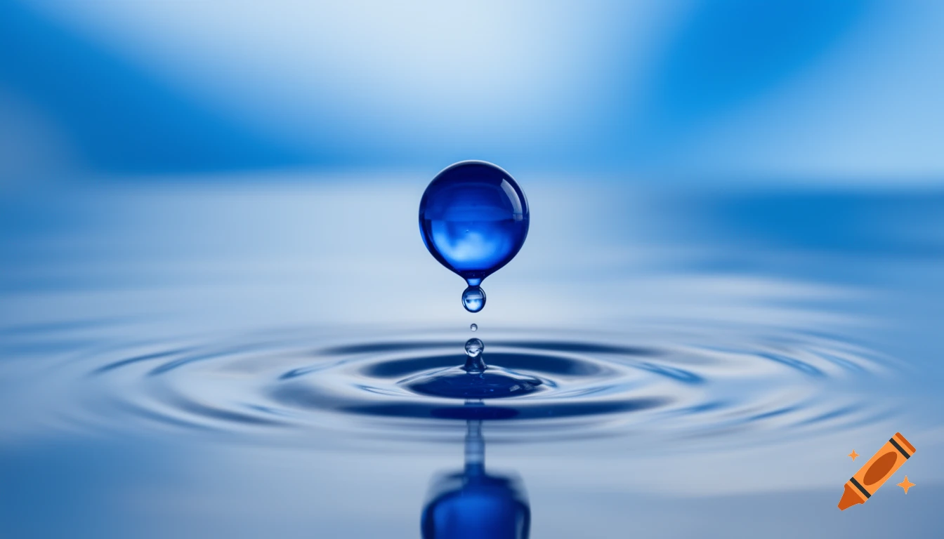 A vibrant royal blue water droplet hangs suspended over a calm blue water surface, creating concentric ripples and reflecting light.