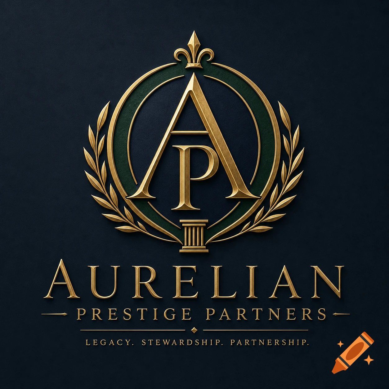 Elegant gold and green logo for Aurelian Prestige Partners, featuring an AP monogram, laurel wreath, and a fleur-de-lis on a dark background.