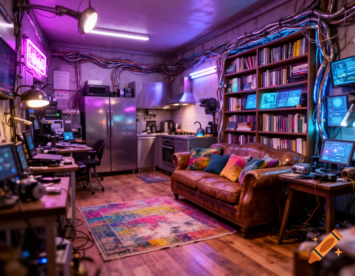 Cozy and cluttered cyberpunk apartment with purple neon lights, exposed wires, a bookshelf, and multiple computer workstations.