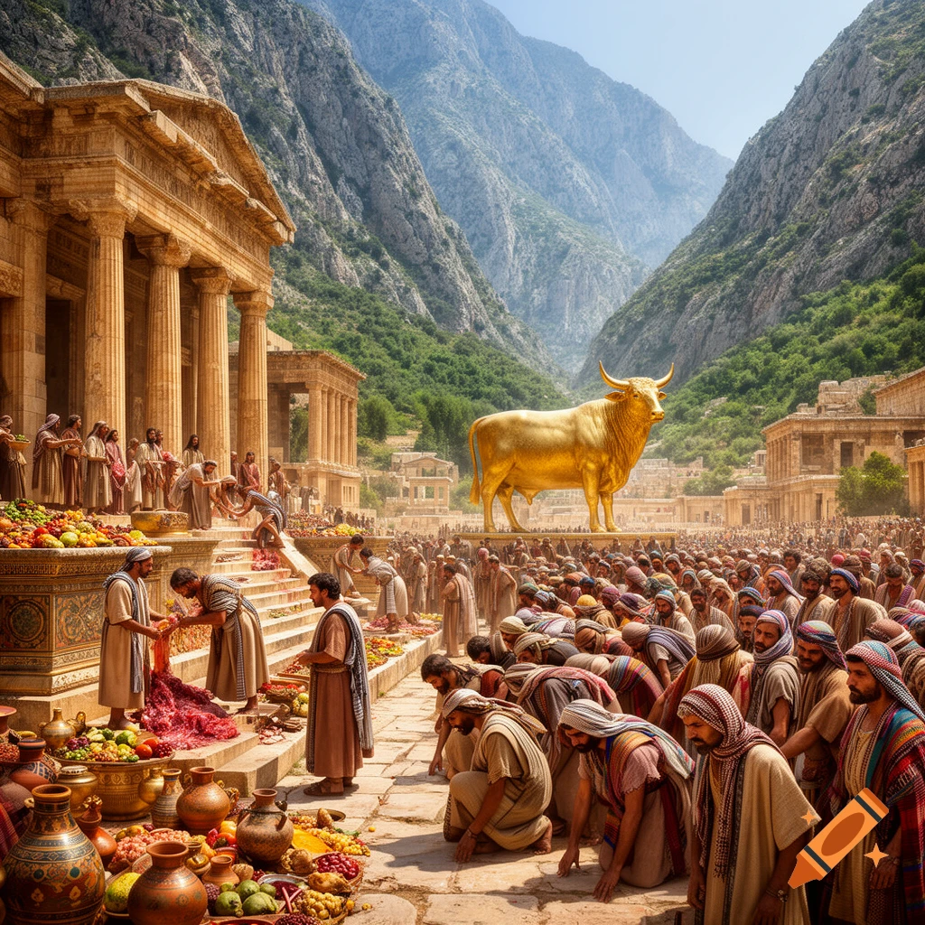 Vibrant, photorealistic image of ancient Israelites bowing before a giant golden calf statue in a city with mountains.