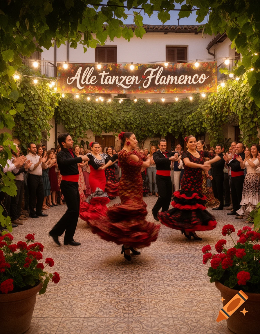 Photorealistic image of dancers performing Flamenco in an illuminated courtyard with an audience clapping and a banner overhead.