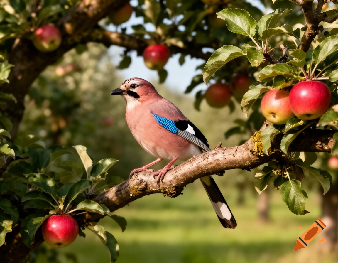 A pinkish-brown Eurasian jay with blue and black wing feathers perches on a branch of an apple tree laden with red apples.