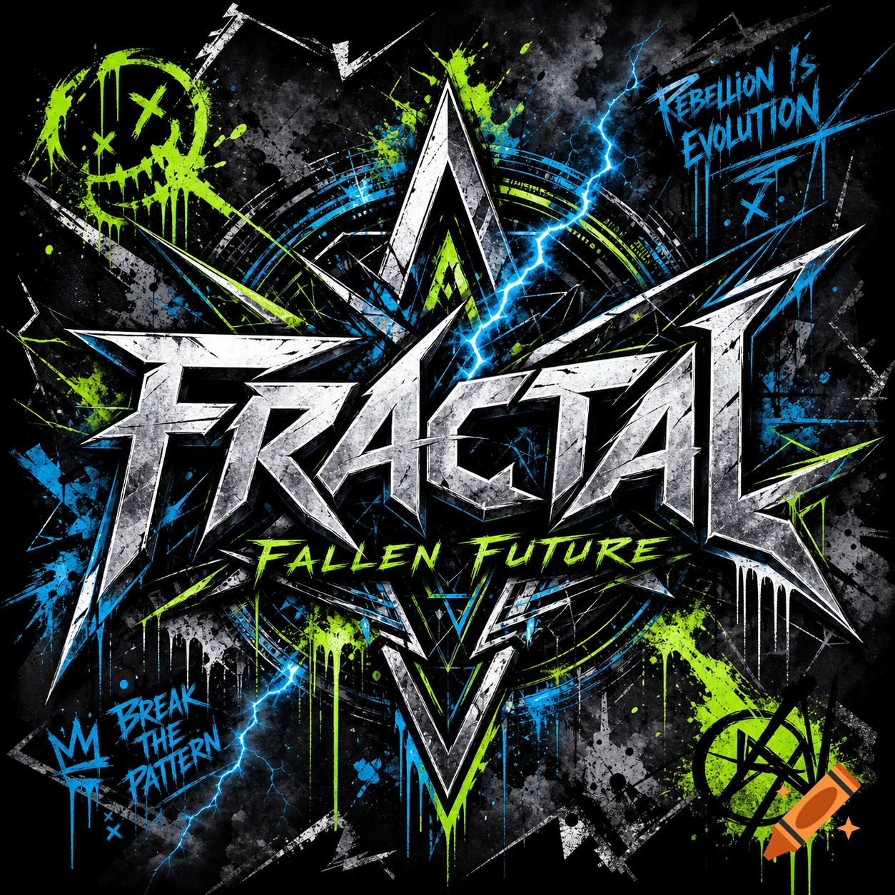 A stylized band logo for 'FRACTAL Fallen Future' with green and blue lightning, paint splatters, and grunge effects on a black background.