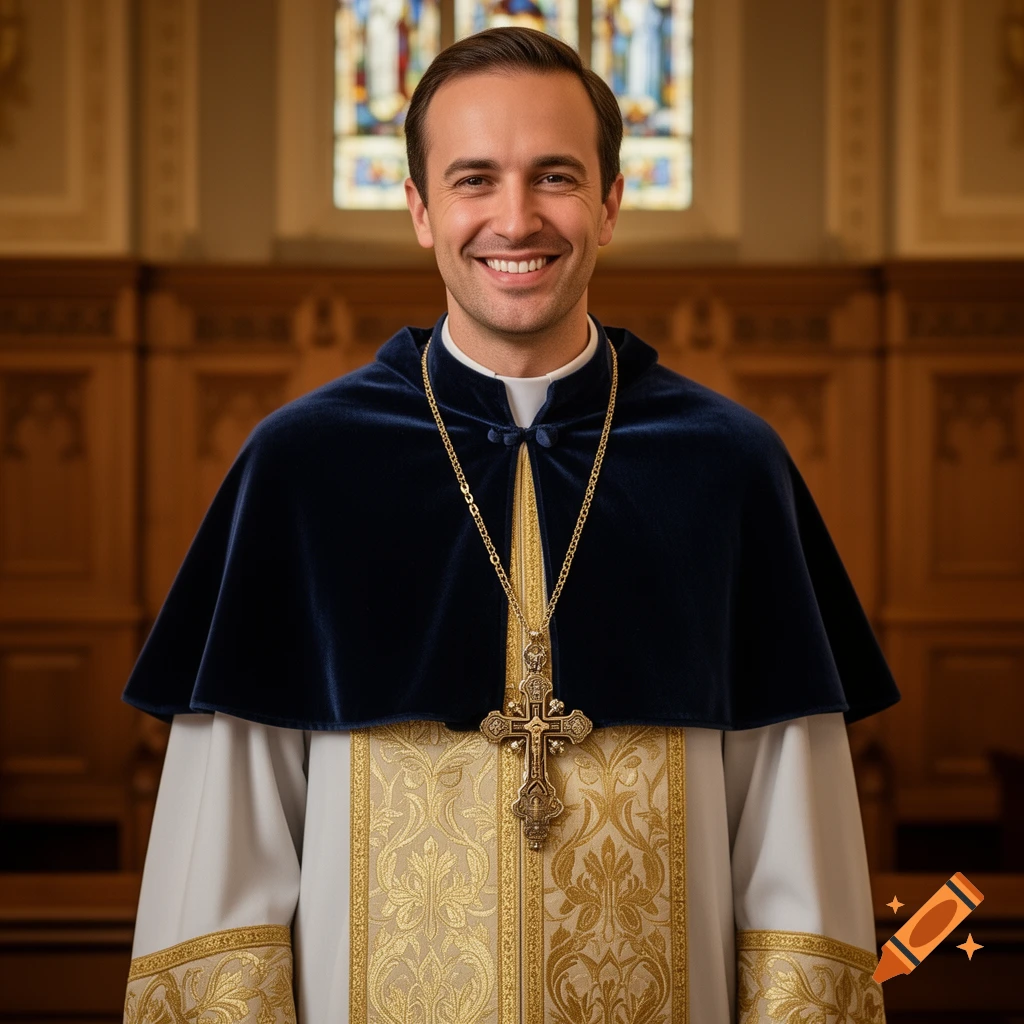 Smiling man in a blue velvet cape, white and gold vestment, and a large cross necklace, standing in a church. Photorealistic.