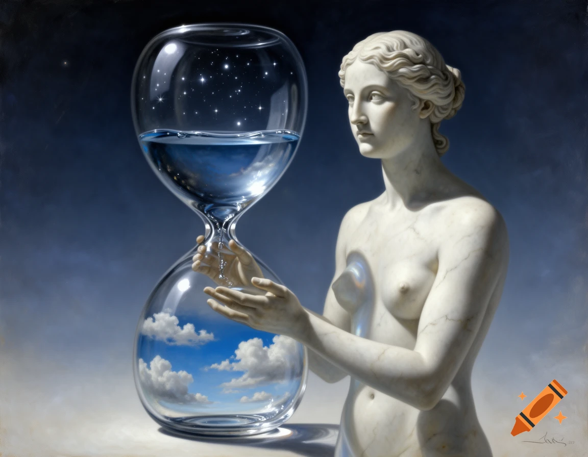 Surreal oil painting of a classical marble statue holding an hourglass filled with water reflecting starry night and cloudy blue sky.