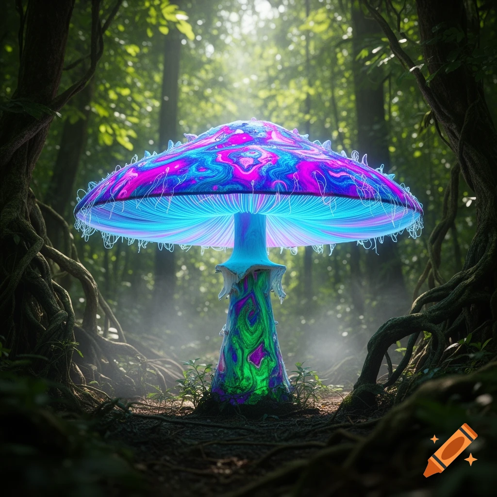 A vibrant, glowing psychedelic mushroom with pink, purple, and blue patterns stands in a dark, misty forest.