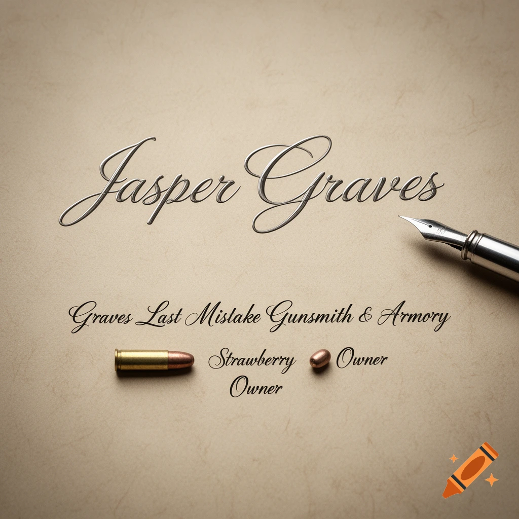A cream-colored background with silver embossed text saying "Jasper Graves" and below it, "Graves Last Mistake Gunsmith & Armory". A rifle bullet appears before "Strawberry" and another before "Owner". A silver fountain pen is at the top right.