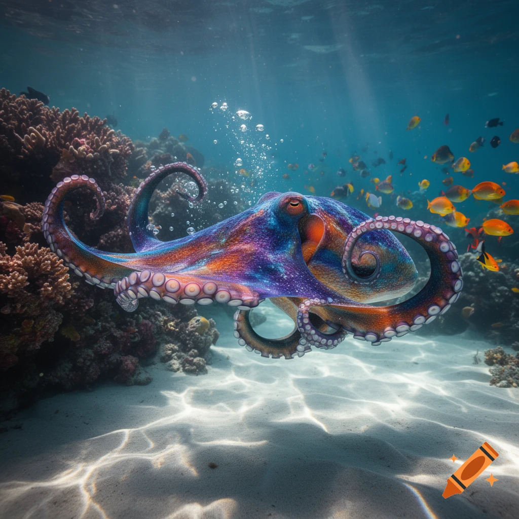 A vibrant, colorful octopus swims above a sandy ocean floor with coral reefs and schools of small fish in clear blue water.
