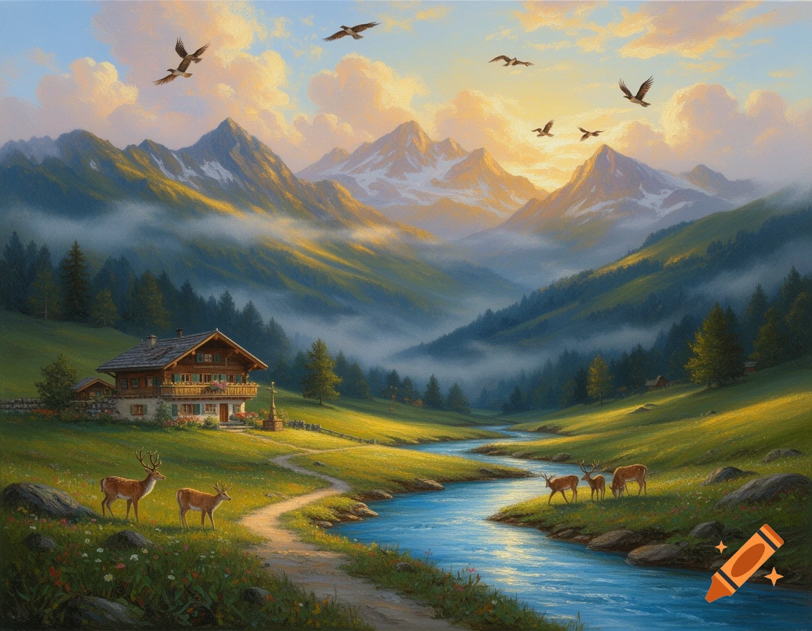 Oil painting of a sunny mountain valley with a traditional house, winding river, grazing deer, and flying birds under a sunrise sky.