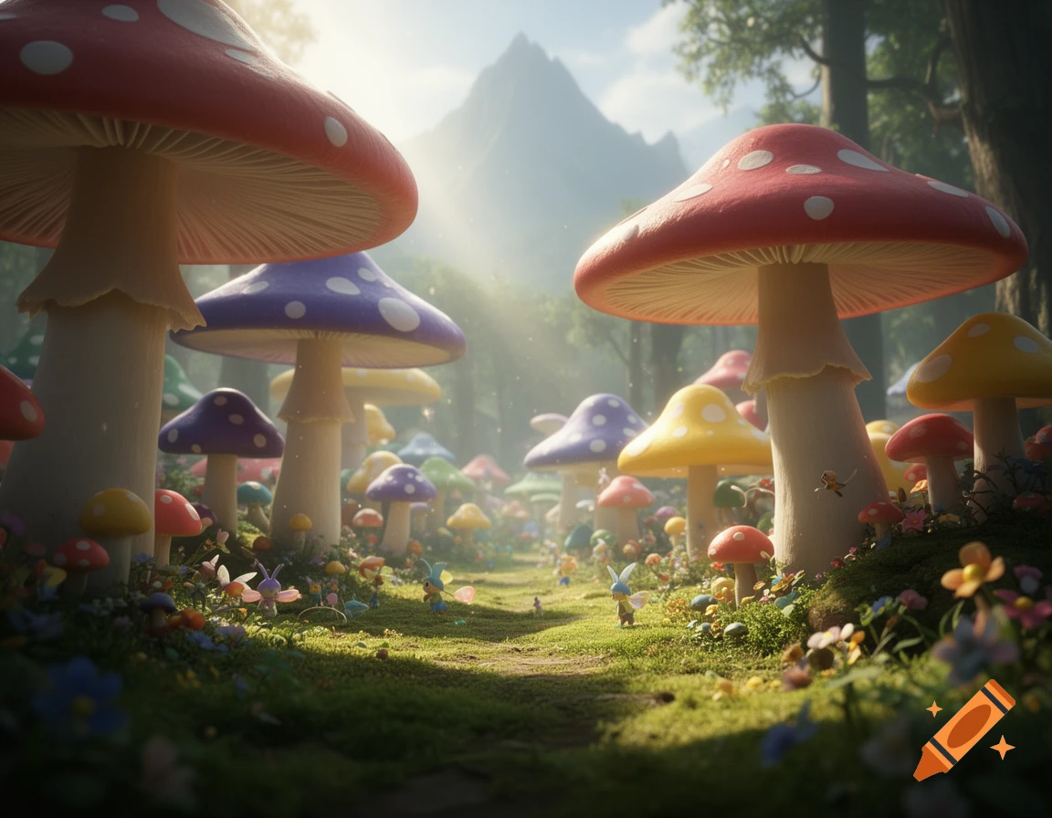A whimsical forest path lined with giant, colorful mushrooms and tiny creatures under a bright, misty sky.