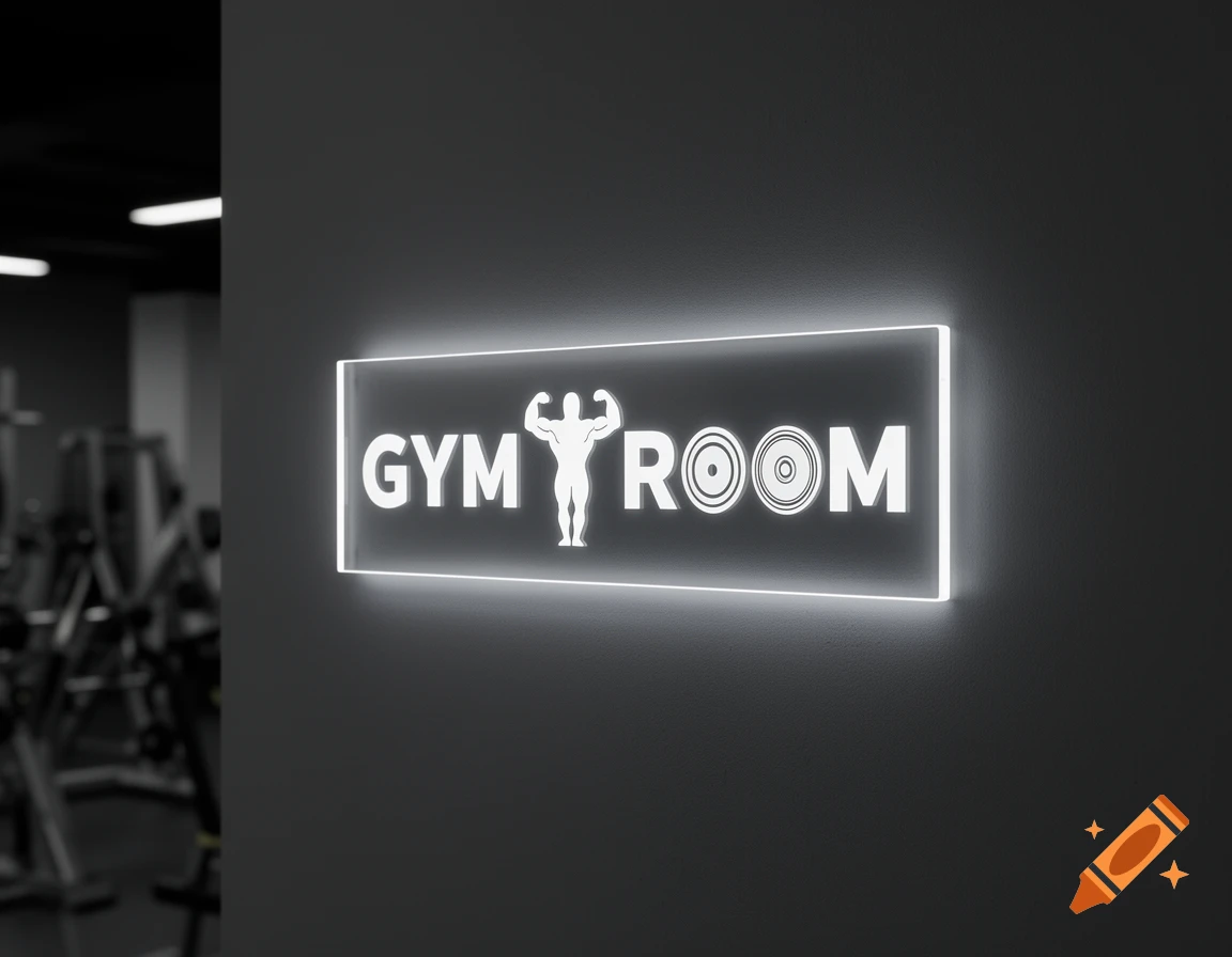 A professional product photo of a glowing white LED sign on a dark gym wall. The sign reads "GYM ROOM", with the 'Y' as a bodybuilder and 'O's as gym equipment.