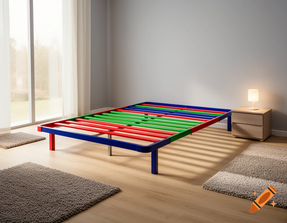 A photorealistic image of a red, green, and blue bed frame in a minimalist bedroom with a large window and wooden floor.