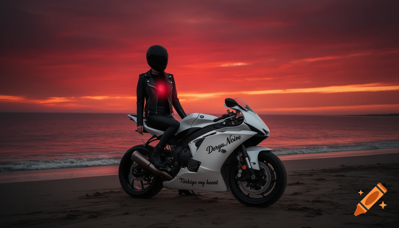 A person in a black biker suit and helmet sits on a white Yamaha R1 motorcycle on a sandy beach at a red sunset.