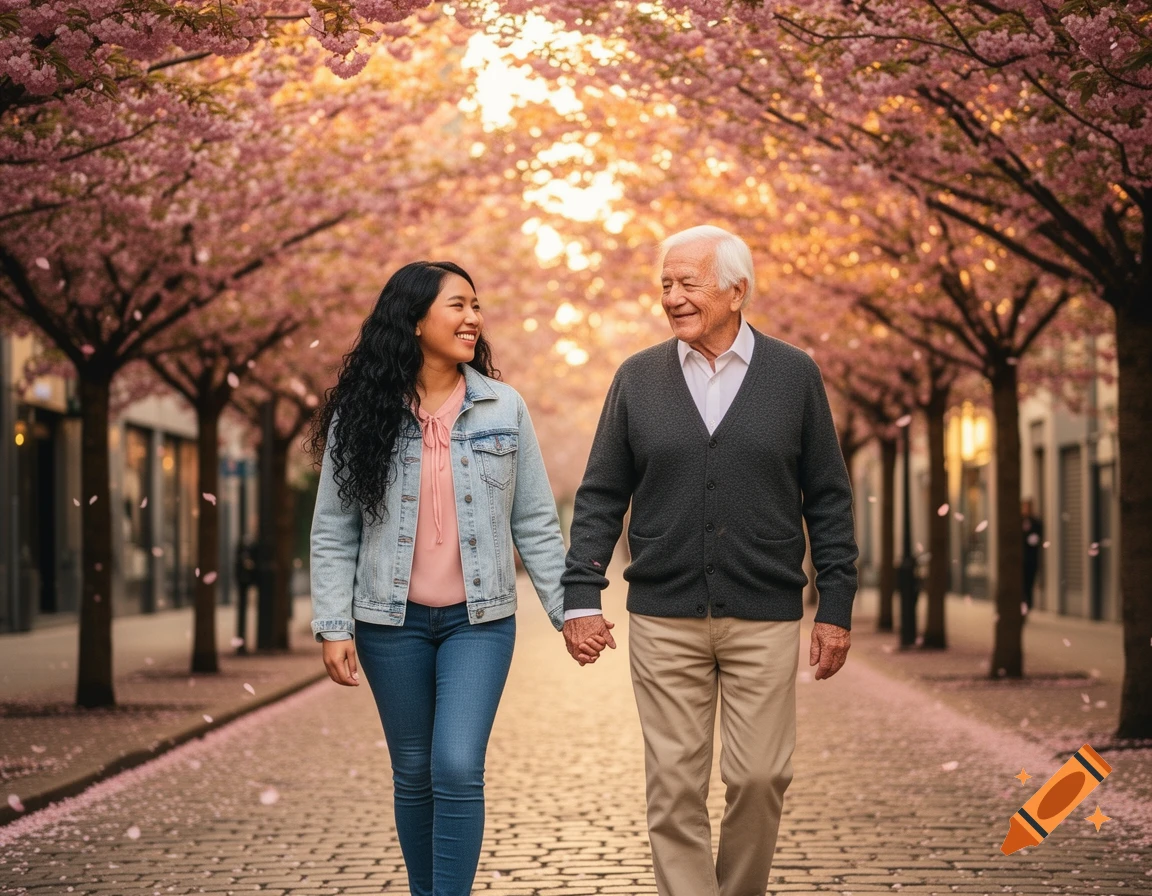 A young woman and an older man walk hand-in-hand on a cobblestone street lined with cherry blossom trees at sunset, photorealistic.