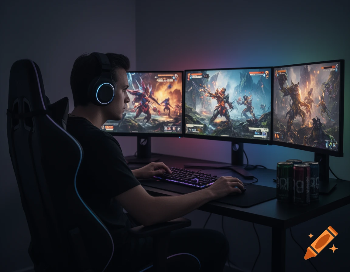 A young male gamer with a headset plays a video game on a three-monitor setup in a dimly lit room with RGB lighting. Several energy drink cans are on the desk.