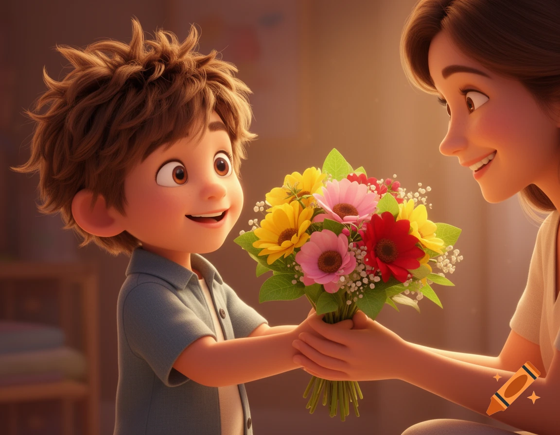 A cute animated boy with messy brown hair offers a colorful flower bouquet to his beautiful smiling mother in a warm indoor scene.