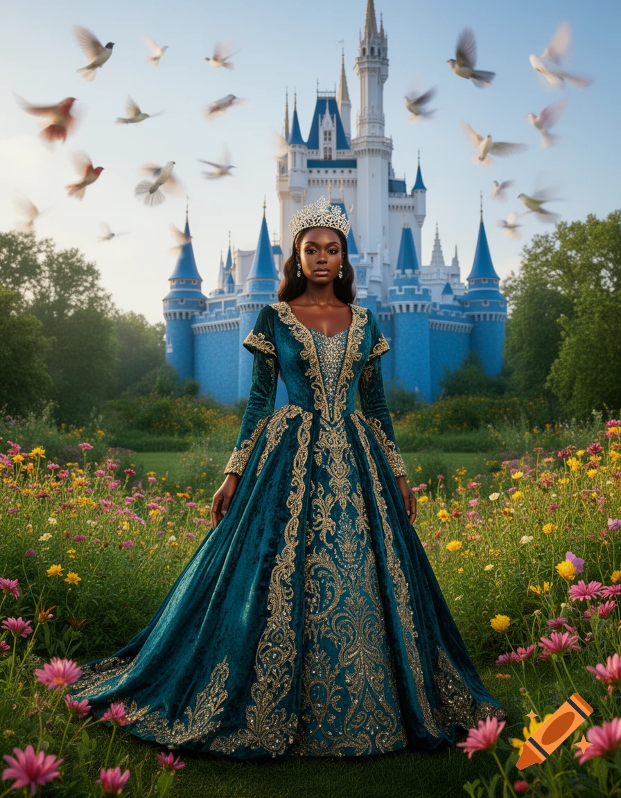 A regal black woman in a teal and gold gown with a crown stands in a flower field with a blue castle and flying birds in the background.