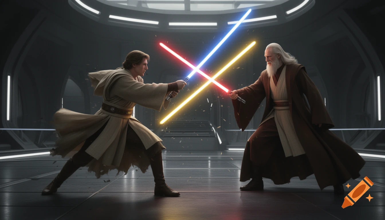 Two figures resembling Jedi knights, one with a blue lightsaber and one with red and yellow lightsabers, duel in a futuristic hall.