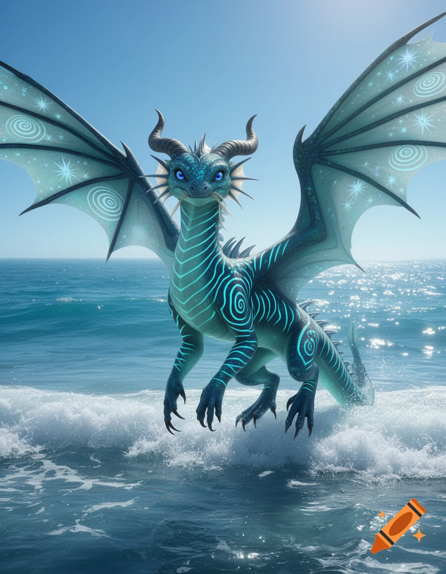 A vibrant blue and green dragon with glowing patterns and large wings hovers above the sparkling ocean waves under a clear sky.