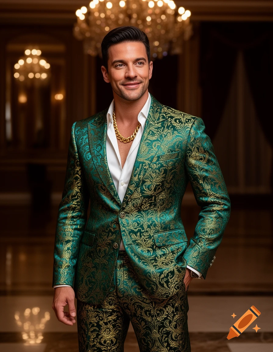 Smiling man in a teal and gold brocade suit with a gold chain, standing in a luxurious room with chandeliers.