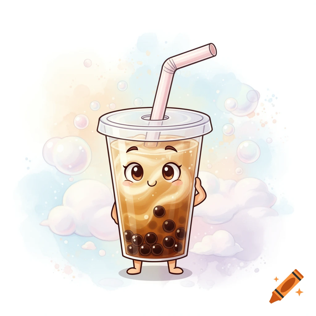 A cute cartoon boba tea character with a happy face, arms, and legs stands against a watercolor background with clouds and bubbles.