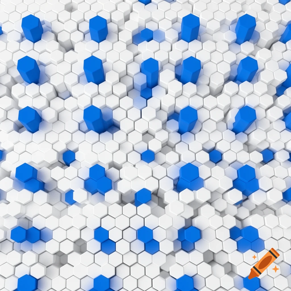 A textured background of numerous white hexagons with several blue hexagonal pillars rising from them, forming an abstract pattern.