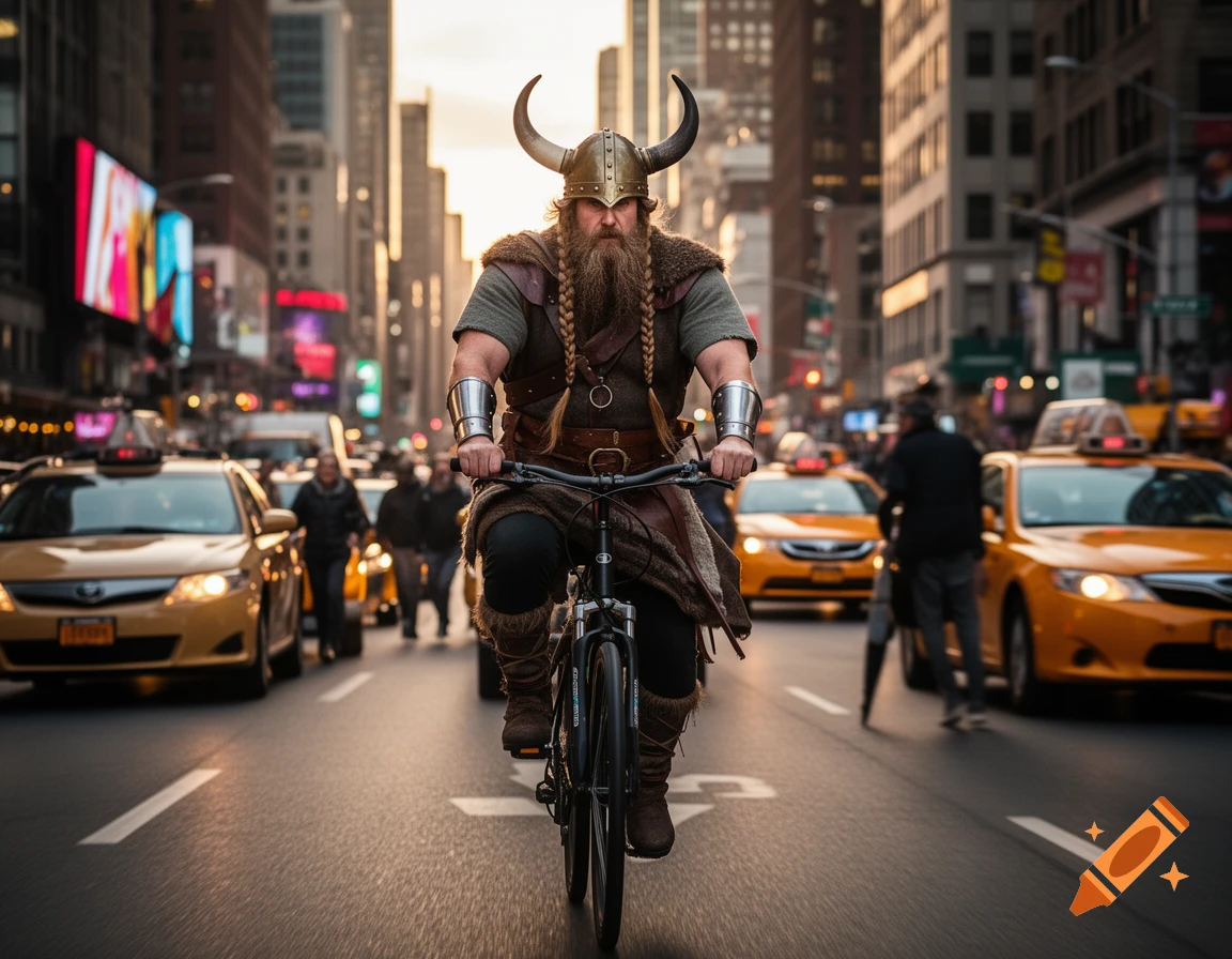 A muscular man dressed as a Viking with a horned helmet and braids rides a bicycle through a busy city street with yellow taxis and tall buildings.