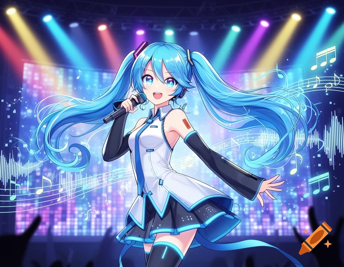 An anime girl with long blue pigtails (Hatsune Miku) sings into a microphone on a vibrant concert stage with colorful spotlights and musical notes.