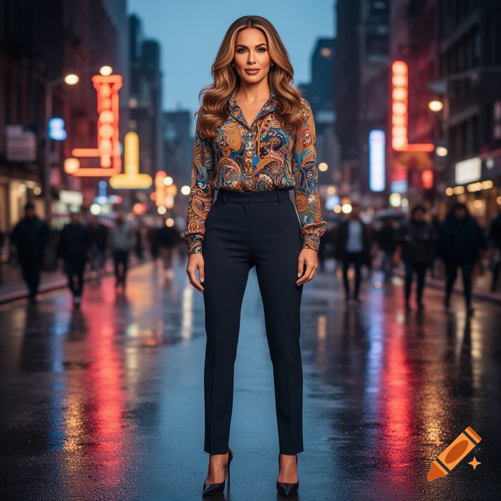 A woman with long brown hair stands on a wet city street at dusk, wearing a patterned blouse, dark pants, and heels, with blurred neon lights in the background.