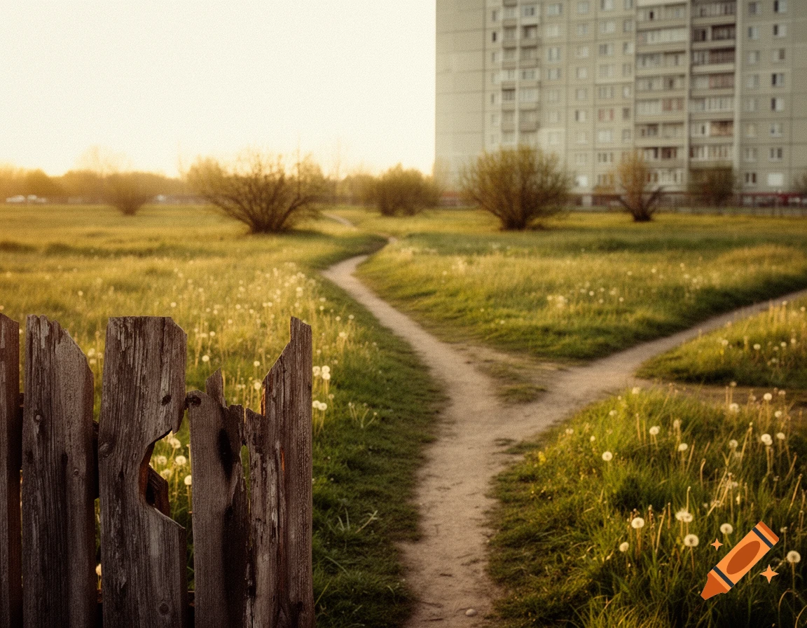 A broken wooden fence in a grassy field with a path splitting, leading towards an apartment building under warm evening light, photorealistic with film grain.