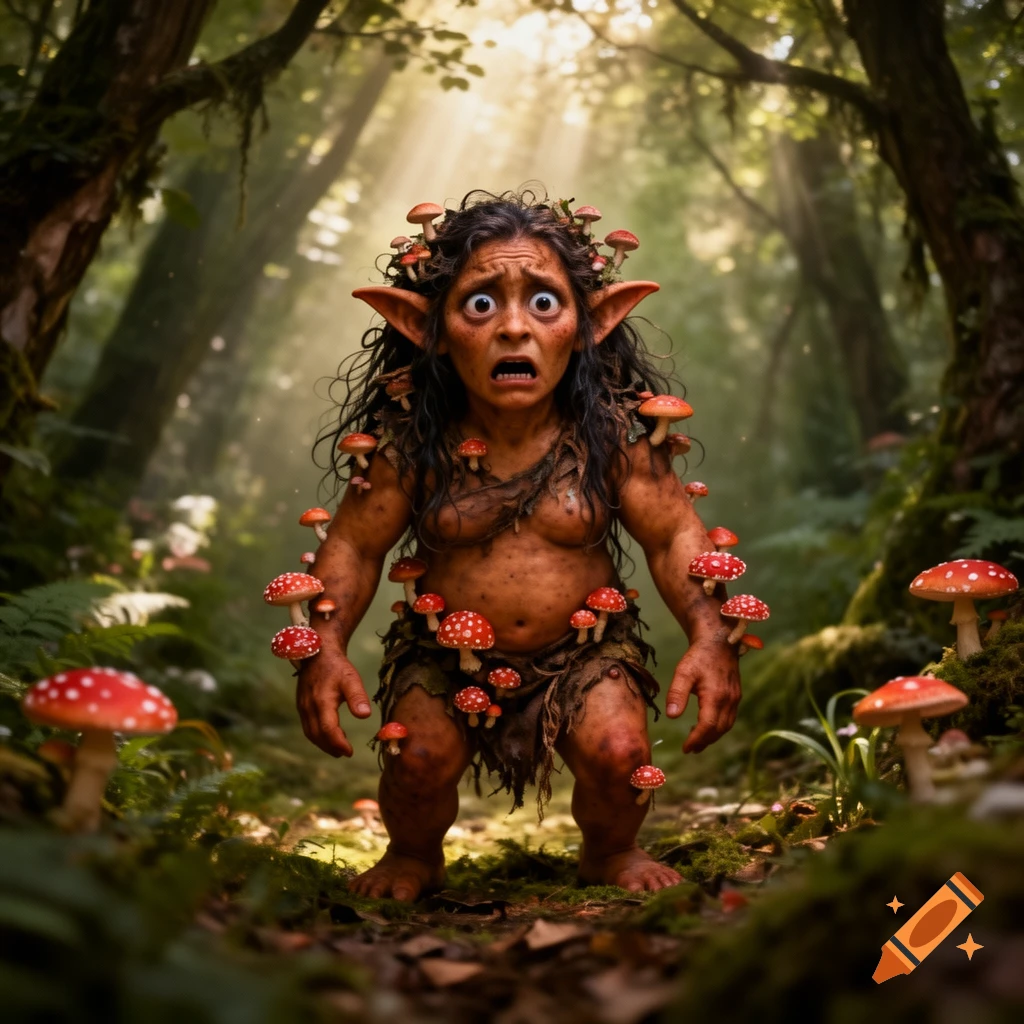 A scared, brown-skinned female goblin covered in red and white mushrooms stands wide-eyed in a sunlit forest.