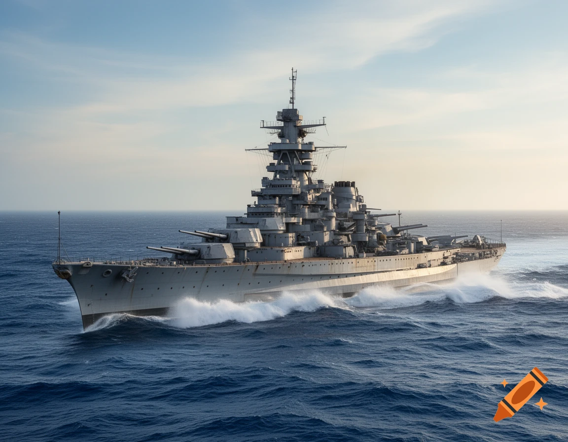 A large gray battleship with multiple turrets sails through blue ocean waters, creating a white wake, under a clear sky.