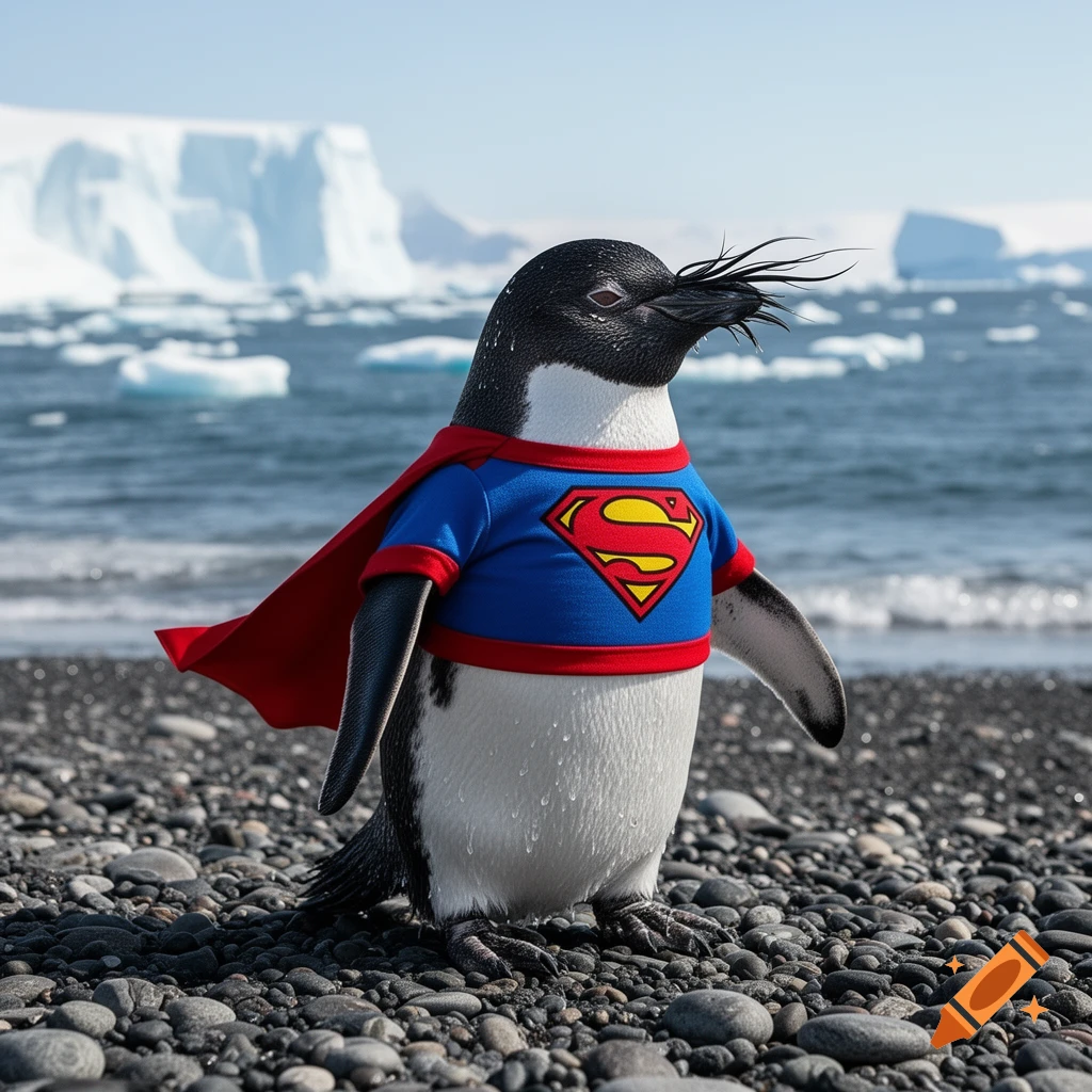 A photorealistic penguin wears a blue Superman shirt with a red cape on a pebbled beach, with icebergs and ocean in the background.
