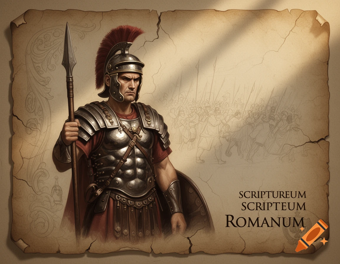 Roman legionary in armor with a spear on a cracked parchment, a faint army sketch in background.