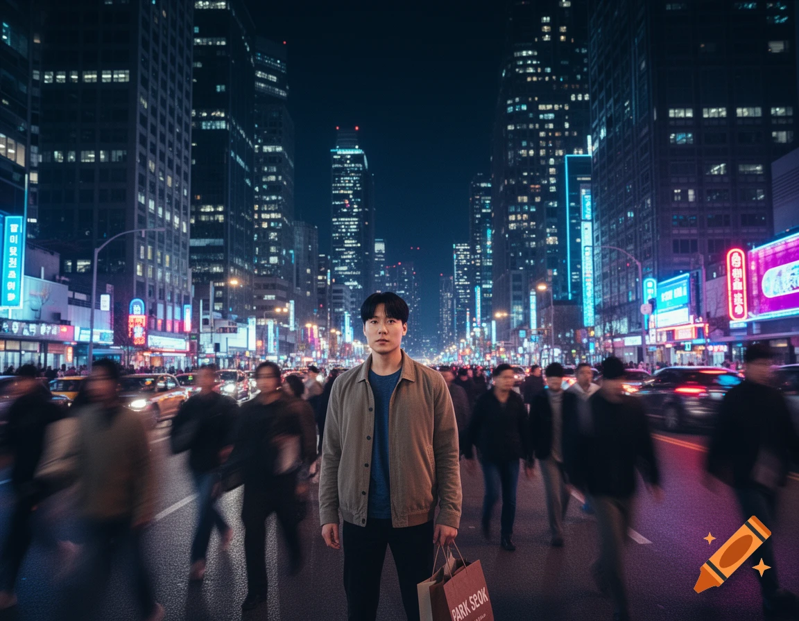 A man holds a shopping bag, standing still amidst blurred crowds and traffic on a neon-lit city street at night, with tall buildings in the background.