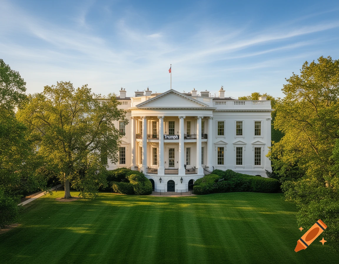 Photorealistic daytime view of the White House with a banner reading 'Trumph' on its facade, surrounded by green lawns and trees.