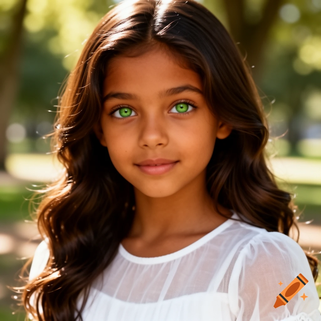Close-up portrait of a tan young girl with long brown wavy hair and bright green eyes, smiling slightly, against a blurred green background.
