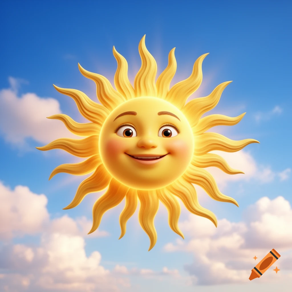 A brightly smiling cartoon sun with rosy cheeks and rays, set against a blue sky with white clouds.