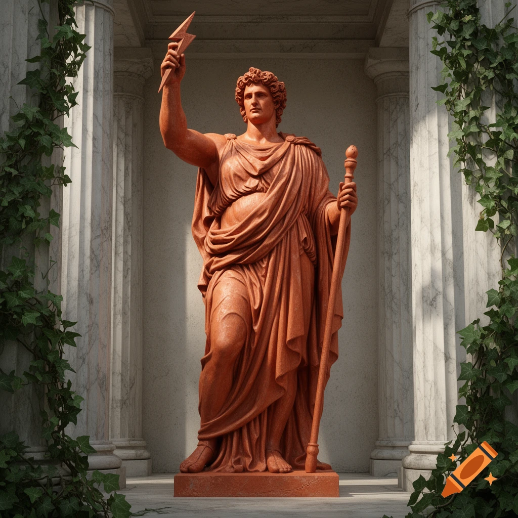 A detailed terracotta statue of Jupiter, holding a lightning bolt and staff, stands between two marble columns draped with ivy.