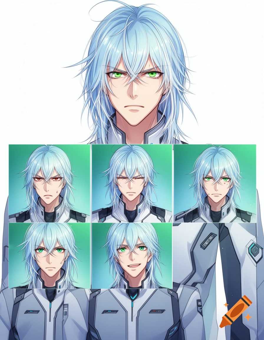 Anime man with light blue hair, green eyes, and a white futuristic uniform, shown in multiple facial expressions.