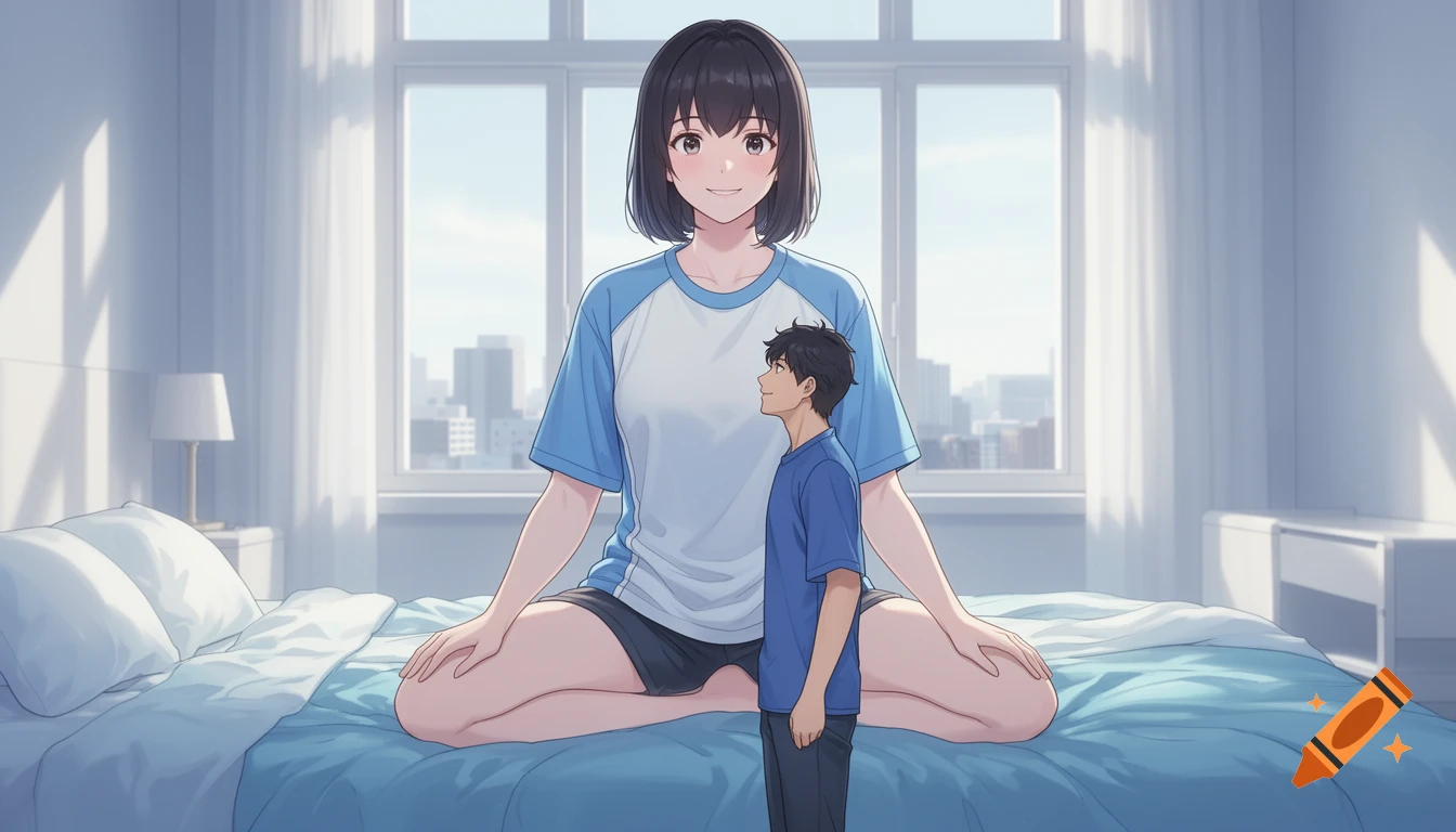 An anime giantess woman sits on a bed, looking down at a small man standing between her legs in a sunny bedroom.