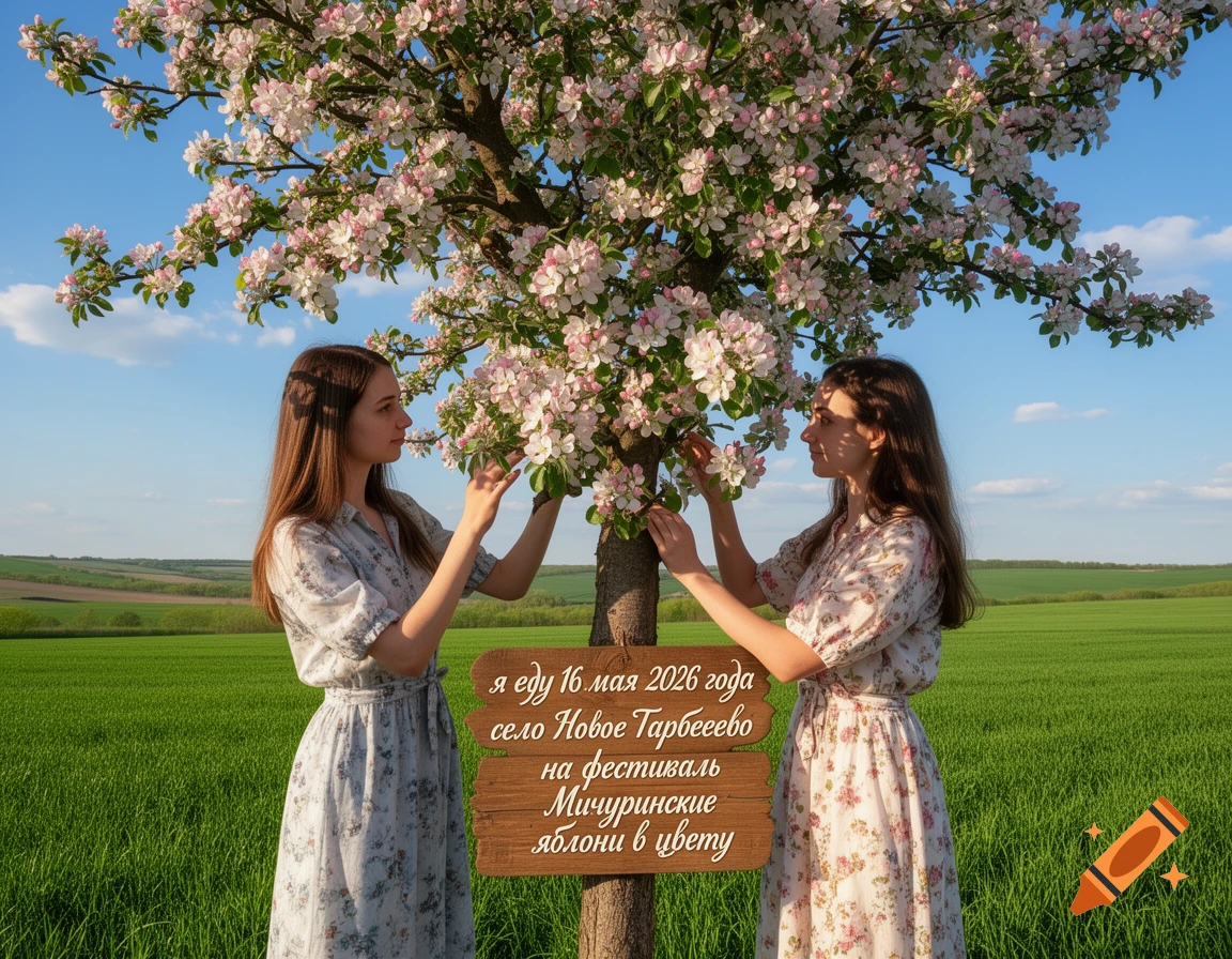 Two women tending to a blossoming apple tree in a green field under a blue sky, with a wooden sign.