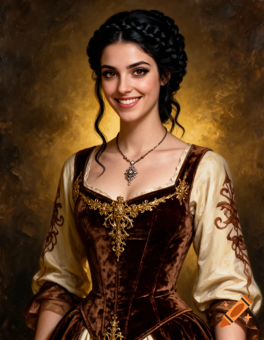 Portrait of a smiling woman with dark braided hair, wearing an ornate brown velvet and gold historical dress.