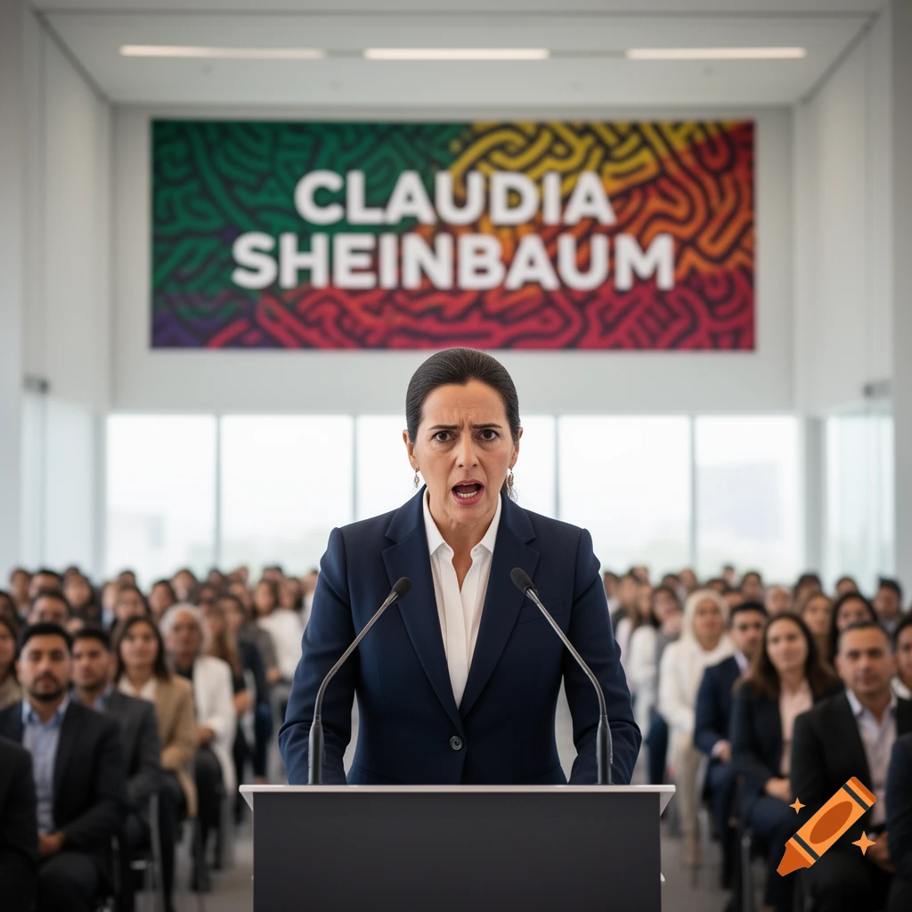 A woman in a navy suit speaks at a podium in front of a large audience, with a banner overhead displaying "CLAUDIA SHEINBAUM".