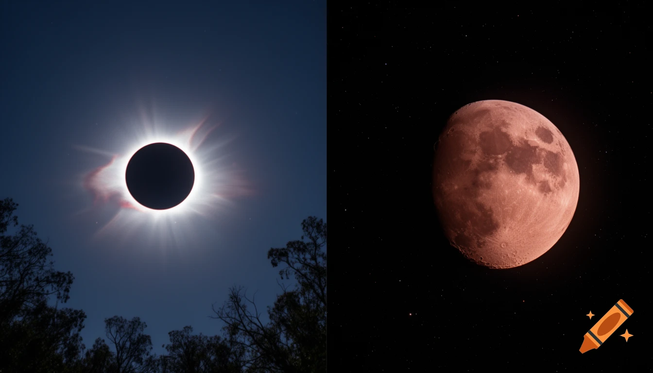 A side-by-side image of a solar eclipse with a glowing corona and tree tops, next to a large reddish moon in space.