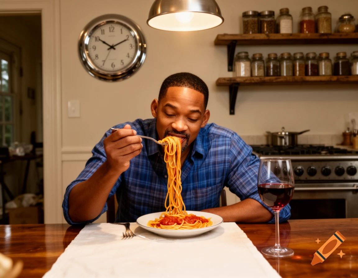 Will Smith, seated at a table in a kitchen, enjoys a forkful of spaghetti with red sauce.