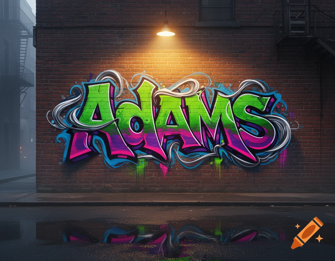 Vibrant green, pink, and blue graffiti art spelling ADAMS on a brick wall under a street light, with reflections in a puddle.