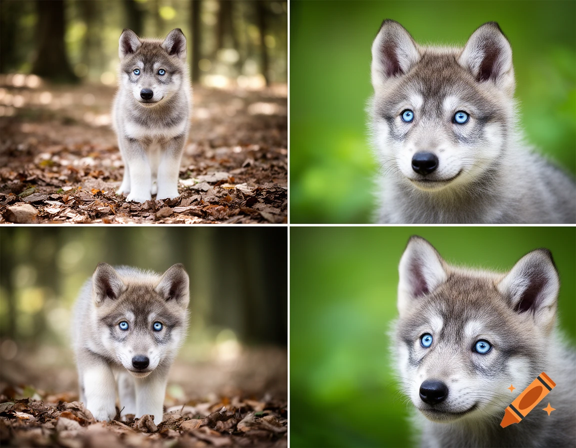Four images of adorable grey and white wolf puppies with blue eyes, two in a forest, two close-ups.